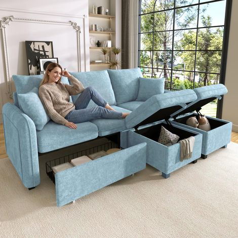 Canapé d'angle multifonctionnel, canapé trois places en forme de U avec rangement intégré (tiroirs inclus) et pouf avec compartiment de rangement, ensemble de canapés modulable convertible, revêtement (1/5)