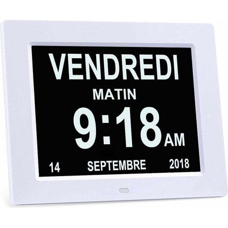 8" LCD Horloge Numérique Calendrier avec Date, Jour et Heure Horloge Alzheimer pour Les Seniors,C'est pour Les Parents (Blanc) (1/4)