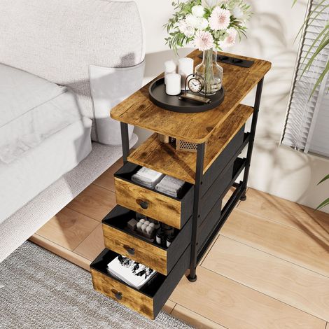 Bout de canapé -Table d'appoint - 3 Tiroirs - 60x30x62cm - avec Multiprise Intégrée - Design Moderne & Recharge Facile - Marron (1/5)