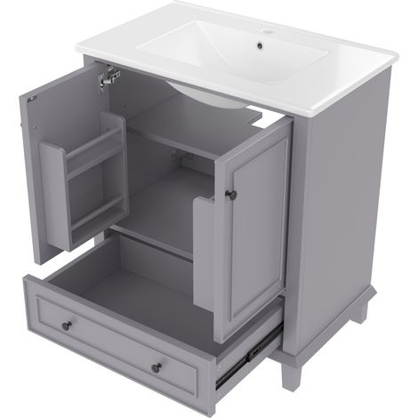 Meuble de salle de bain gris avec vasque céramique intégrée, 76x46x87 cm, pieds en bois massif, finition laquée étanche (1/5)