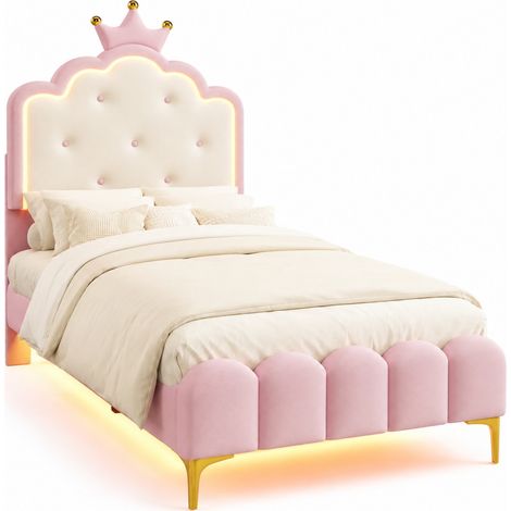 Lit princesse 90x200 cm avec sommier à lattes, LED d’ambiance réglable, tête de lit couronne rose, en cuir régénéré pour chambre de fille CHICFURN (1/5)