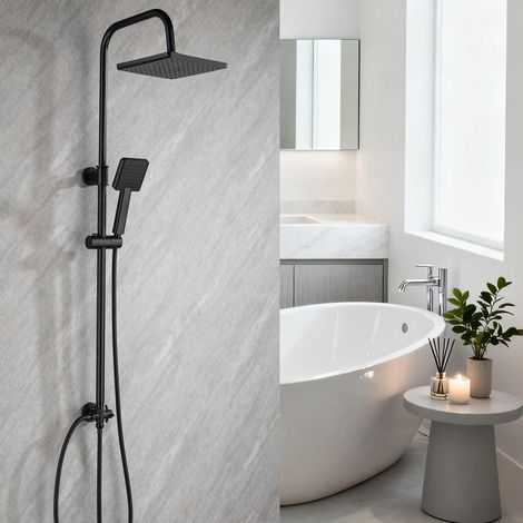 Duschsystem ohne Armatur, höhenverstellbar, 21cm quadratische Kopfbrause, schwarz matt (1/5)