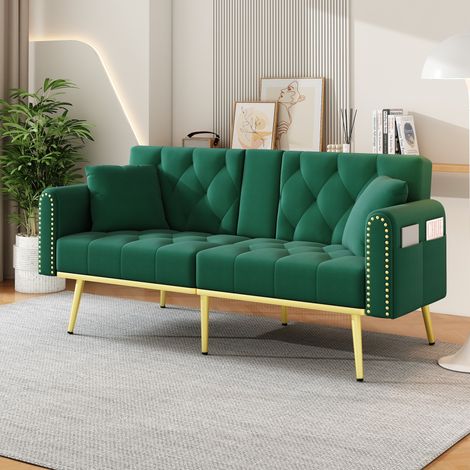 Sofá cama convertible de 2 plazas con respaldo регулируable, portavasos y terciopelo verde DESVIAE (1/5)