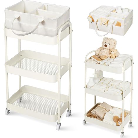 Desserte à Roulettes avec Panier Rangement Bébé, Chariot de Rangement 3 Niveaux, Sac a Langer Bebe Portable, rangement Table a Langer Bebe, Organisateur Cuisine Chambre, Salle de Bain (Beige) (1/5)