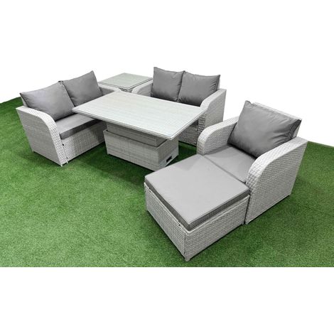 Fimous High Back Poly Rattan Garden Furniture Set with Reclining Chair Loveseat Sofa Adjustable Lifting Dining or Coffee Table Indoor Outdoor Patio  Set Big Stool Side Table Light Grey (1/5)