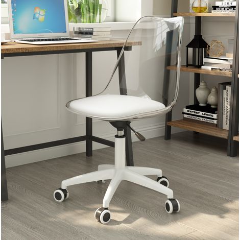 Sedia girevole trasparente in metallo e plastica bianca, altezza regolabile, con ruote, 360°,54×54×0cm (1/5)