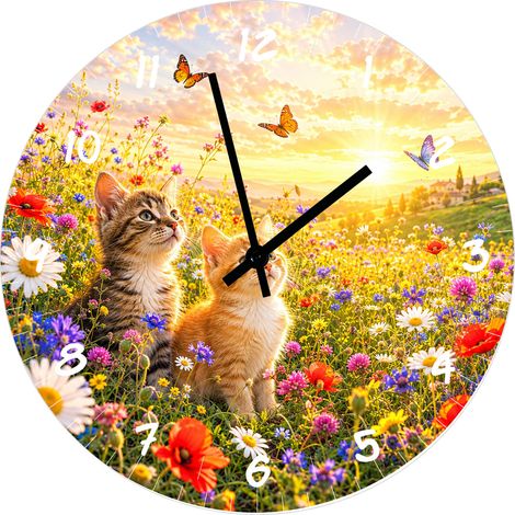 Horloge Murale Verre 29 cm Chatons et Prairie Fleurie (1/2)