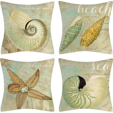 Océan Vert Housse Coussin en Lin Lot de 4 Décoratif Etoile de Mer Plage Housses Coussin 45x45 Animaux Marin Motif Vintage Taie Oreiller (1/5)