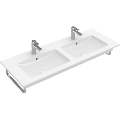 Plans de toilette doubles, 1300 x 500 mm, Angulaire, pour robinetterie murale, sans troude robinetterie,avec trop-plein, En porcelaine sanitaire Blanc CeramicPlus