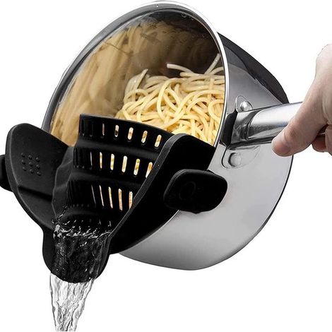1 clip scolapasta in silicone per pentole, nera, colino a tenuta stagna, paraspruzzi per il bordo della pentola, scolapasta resistente al calore per verdure e pasta. (1/5)