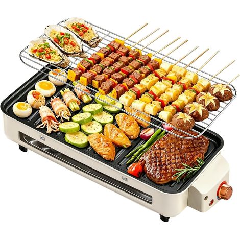Gril électrique de table 2 en 1 portable sans fumée, appareil à raclette pour cuisine intérieure BBQ, avec grille et plaque de cuisson antiadhésive amovible, réglage de température précis pour repas c (1/5)