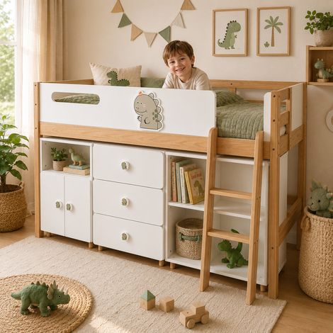 Letto Combinato GINGER HOME DINO con Scaffale, Armadio, Cassettiera e Rete, 90×200 cm (1/5)