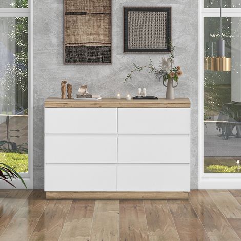 Kommode Weiß/Eiche mit 6 Schubladen und abschließbarer Tür, Stauraum für Schlafzimmer und Wohnzimmer LINHOO