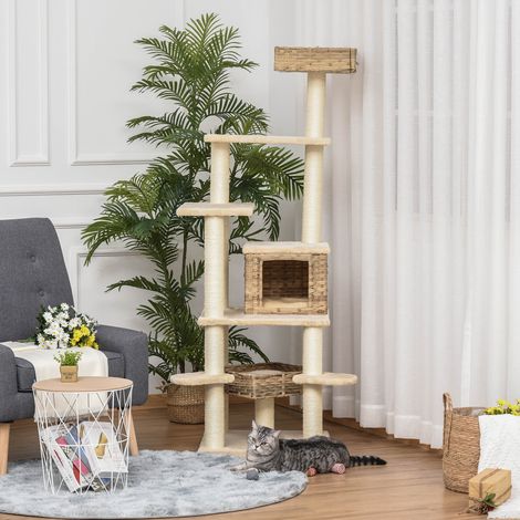 Arbre à chat en rotin avec niche, arbre à chat à plusieurs niveaux, arbre à chat grimpant, MDF E1 en sisal, beige et marron, 55 x 55 x 174 cm