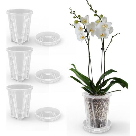 (3 pcs, 5.5 inches) Orchid Pots Transparent Flower Pots with Tray Drainage Holes Plastic Flower Pots for Indoor and Outdoor Balcony Desks (1/5)
