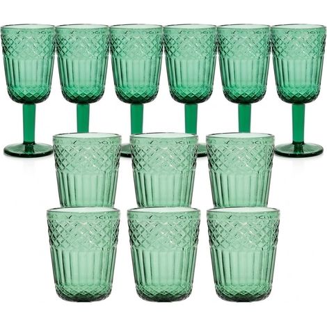 Set 12 Bicchieri e Calici Imperiale Green in Pasta di Vetro Verde Antico con Lavorazione a Rilievo 30 cl Servizio Tavola Vintage Alta Resistenza per Acqua Vino e Cocktail ELEGANZA E PARTICOLARITA IN T