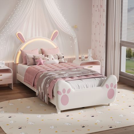 letto bambino 90x200, letto principessa, letto bambina testiera a coniglio con LED, letto bambina design carino con orecchie, letto imbottito con decorazione fai-da-te, letto camera bambino atmosfera 