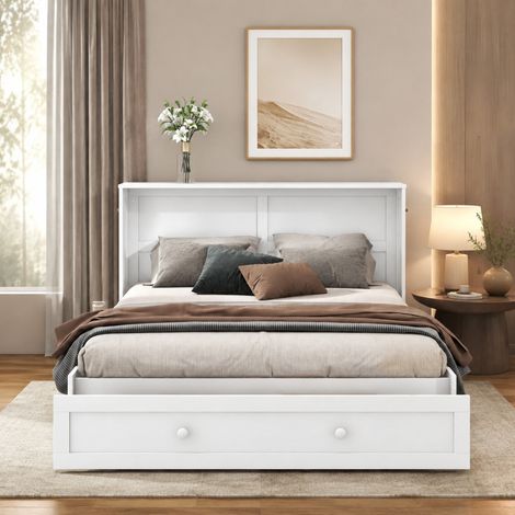 Letto a scomparsa 140 x 200 cm con cassetto, ripiani laterali, struttura pieghevole bianca HAVRYA (1/5)