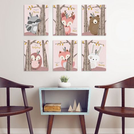 Lot de 6 tableaux sur toile (30 x 21 cm) à motifs d'animaux mignons de dessin animé, décoration murale pour la maison (1/5)