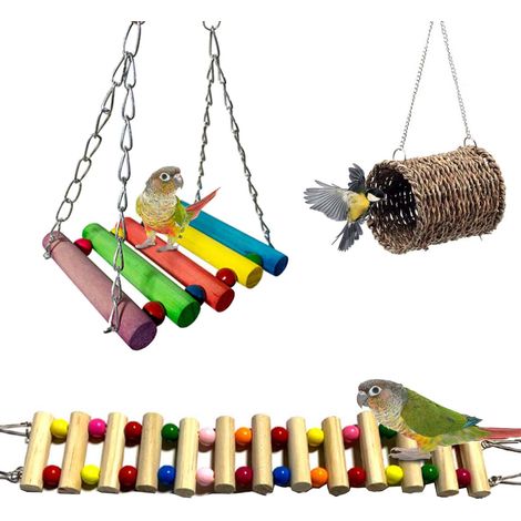 Lot de 3 jouets pour oiseaux perroquets : échelle en bois, balançoire, nid en herbe naturelle tressée, jouet suspendu pour petites perruches, calopsittes, conures, aras et autres perroquets. Accessoir