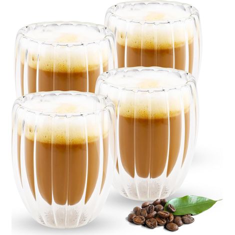 Tasse a Cafe Verre à Double Paroi, 4 Pièces 330 ML Verres à Expresso pour Moka Latte Macchiato Café Crème Glacée Lait Jus de Fruits Thé Transparent (1/5)