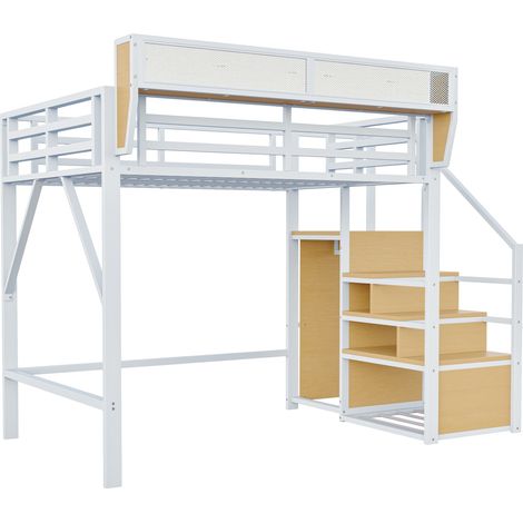 Letto a soppalco 140x200 in metallo bianco con scala di sicurezza e vano modulabile (1/5)