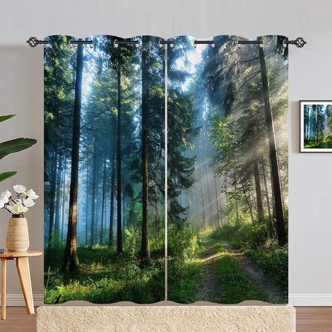 Rideau Occultant Brumeux Jungle Forêt Arbre Rideau Thermique Isolant Draperies Intérieurs Tenture Opaque à Oeillets pour Maison Chambre Salon Fenetre 2 Pièces L 168 x H 183 cm - 168L X 183H cm (2 Pann (1/5)