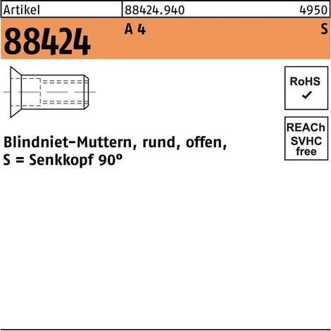 Blindnietmuttern A 4 Senkkopf M 5 / 3,5 - 6,0 S 500 Stk