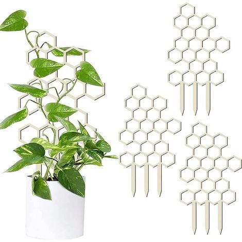 Lot de 3 treillis pour plantes grimpantes, support décoratif en forme de nid d’abeille, modèle géométrique pour pots de fleurs, intérieur et extérieur, pour lierre et plantes fleuries, naturel (1/5)