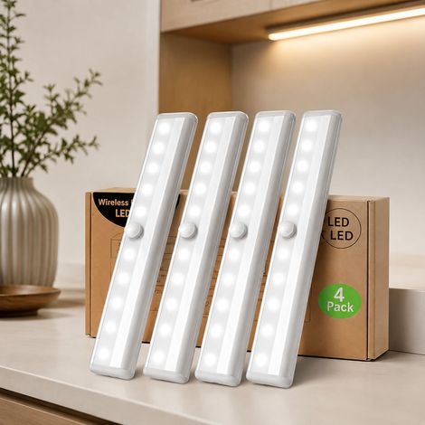 FLITI- Lampe LED Détecteur Mouvement Sans Fil – 4 Lampes Magnétiques Adhésives – Éclairage Automatique Placard Escalier – Aluminium 19cm (1/5)