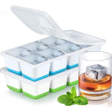 (1 pièce, couleur aléatoire) Grands bacs à glaçons en silicone, démoulage facile, avec couvercles. Moules à glaçons carrés, parfaits pour le whisky et les cocktails. (1/5)