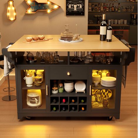 Küchenwagen 143×80×95 cm aus MDF und Metall, Schwarz, klappbare Ablagen – MEUBLIV (1/5)