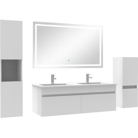 Ocean meuble Salle de Bain 120cm double vasque + colonne + miroir LED Blanc (1/5)