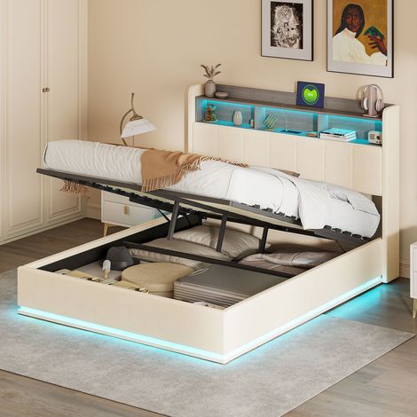 Lit coffre 140x190 cm - Rangement hydraulique - Tête de lit LED avec port USB - Sommier à lattes - Convient pour chambre adulte et chambre d'adolescent - Beige (1/5)