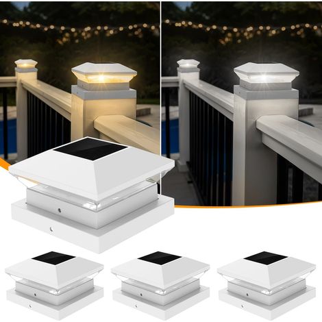 Solar Post Cap, 3000K/6000K Set of 4 Solar Outdoor Post Lights, Auto On/Off, IP65 Waterproof Outdoor Solar Lighting for Fence Posts, White (1/5)