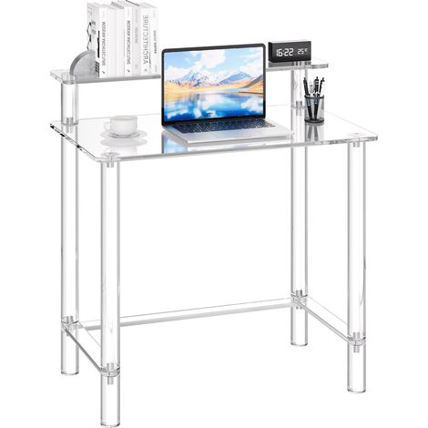 Table de bureau en acrylique, 50 x 80 x 88 cm, bureau d'étude transparent à 2 niveaux avec support d'écran, table console en acrylique moderne, capacité de charge 60 kg, pour chambre, salon (1/5)