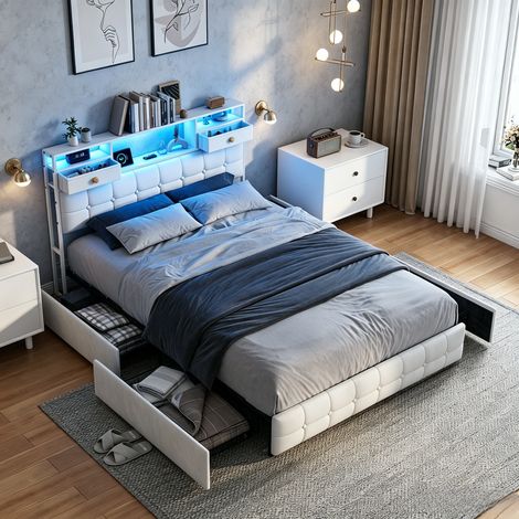JOOKGBD-Letto matrimoniale 140x200 cm,letto contenitore,4 cassetti,LED,porta USB,testiera con vano portaoggetti,letto per adolescente,tessuto morbido,beige
