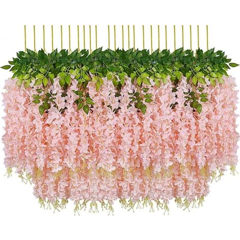 Set mit 24 künstlichen Glyzinienranken aus Seide, hängende Girlande für Zuhause, Garten, Hochzeit, Partydekoration (24er-Set, 110 cm, Hellrosa)
