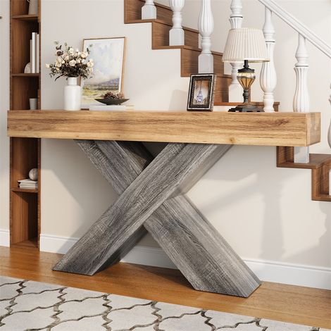 Console avec Pieds en X Effet Bois Naturel - 140x30x80 cm - Table d'Entrée Étroite au Design Industriel et Rustique - Naturel (1/5)
