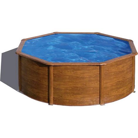 GRE Piscine ronde acier Ø3,70m x H: 1,22m - Imitation bois - Filtration à cartouche (1/5)