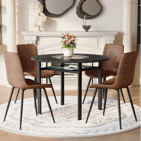 MEUBLIV Table ronde 100 cm noir et marron – 4 chaises, plateau en verre, ensemble repas (1/5)