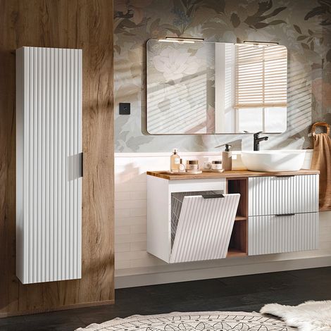 Ensemble meuble simple vasque 120cm 2 niches panier à linge et colonne Adriel Blanc (1/5)