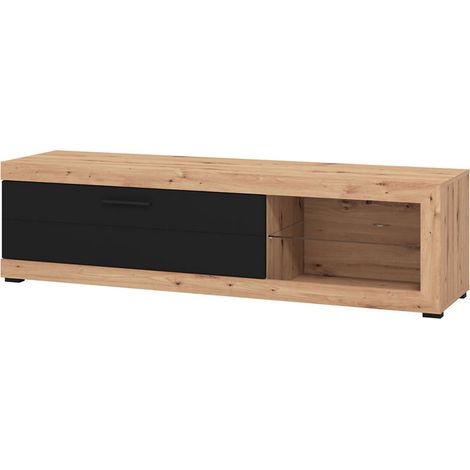 TV-Möbel Pompu, 2 Ablagen, 1 Tür, Glasablage, 162x42x44h cm, Schwarz