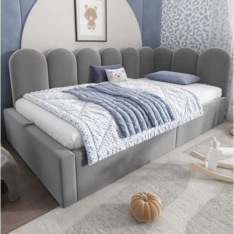 Lit coffre 90x200 avec rangement, velours gris OKMYHOME (1/5)
