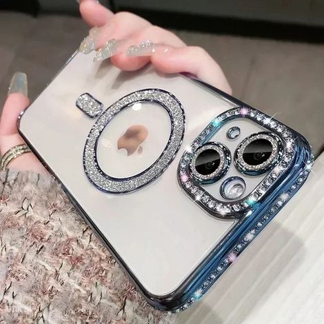 (iPhone 16 Pro Max, Bleu) Coque transparente en cristal étincelant pour iPhone avec prise en charge de la recharge sans fil magnétique MagSafe.