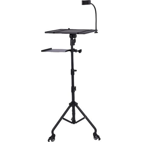 Trípode para proyector, soporte para portátil con ruedas, dos estantes y soporte flexible para teléfono, apto para uso en exteriores/oficina/estudio (1/5)