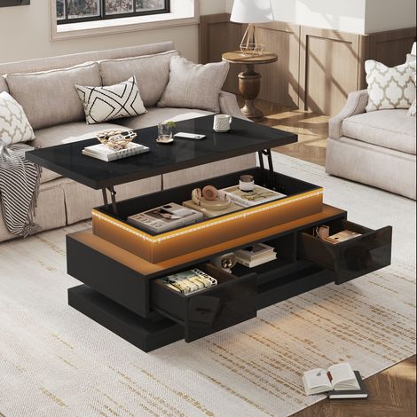 Table basse noire relevable 100 x 50 x 40 cm avec 2 tiroirs (1/5)
