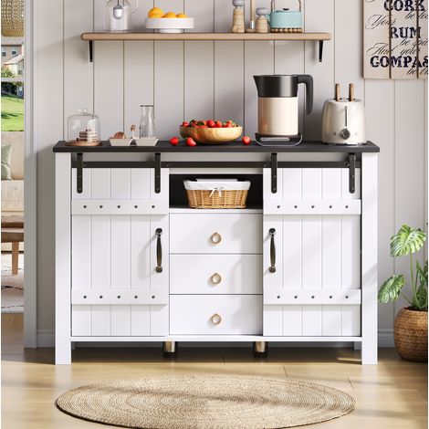 Buffet 120x40x80 cm blanc en MDF avec portes coulissantes et 3 tiroirs (1/5)