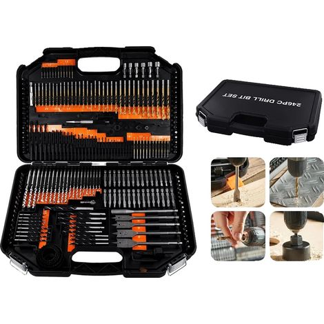 Set di 246 punte da trapano in titanio HSS, intervallo di misure 1-22 mm, adatte per legno e muratura, certificate CE. (1/5)