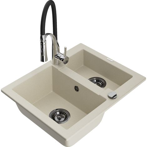Mexen Carlos lavello in granito 1,5 vasche con miscelatore da cucina Aster, beige - 6518-69-73450-07-B (1/5)